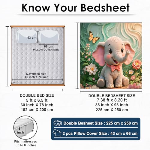 Image of 240 TC Cotton Double Bedsheet for King Bed (225x250 Cm) | 7D Digital Printed Double Bedsheet with 2 Pillow Covers | Soft, Wrinkle Packaging - Elephant