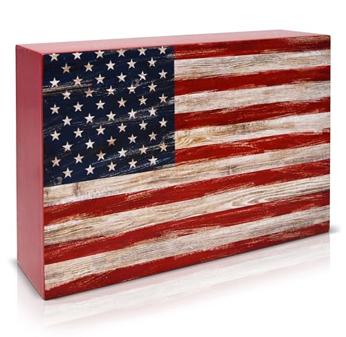 Patriotic Decor July 4th Box Sign Independence Day Labor Wood American Flag Home of the Free Because of the Brave Farmhouse Rustic Wooden Block