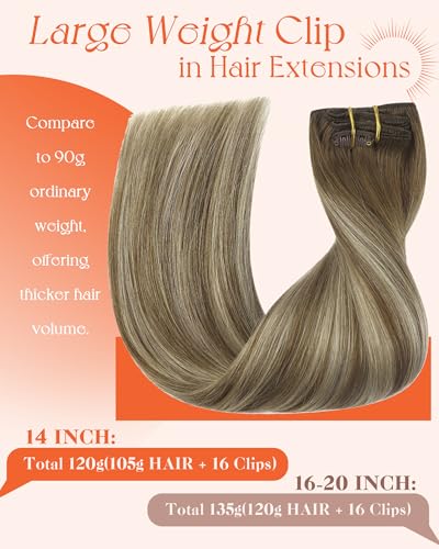 Image of Sunny Hair Clip in Hair Extensions Real Human Hair Light Brown Ombre 120g | Human Hair Clip in Extensions Brown Ombre Platinum Blonde Balayage Extra Body and Volume for Event Ready 14 Inch