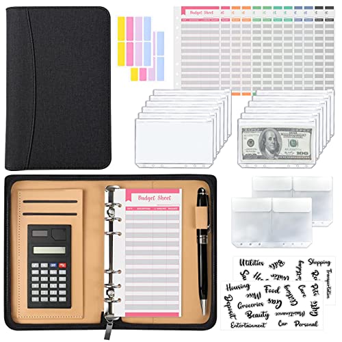 Planificateur budgétaire avec calculatrice, Surcotto A6 avec accessoires et fermeture éclair, planificateur de bugs pour économiser de l'argent (noir) Cover