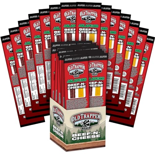 Image of Old Trapper Beef-N-Cheese, Jalapeno Flavor, 1.3-Ounce Individual Package, Spicy and Savory Beef Stick and American Cheese Snack Pack, Great Snack for Lunch Boxes or Between Meals (Pack of 14)