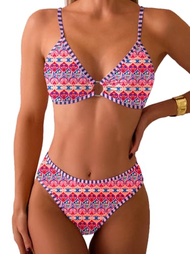 Image of Fanuerg Women's Triangle Bikini Sets O Ring Linked Two Piece Swimsuits Floral Printed Cheeky Bathing Suit