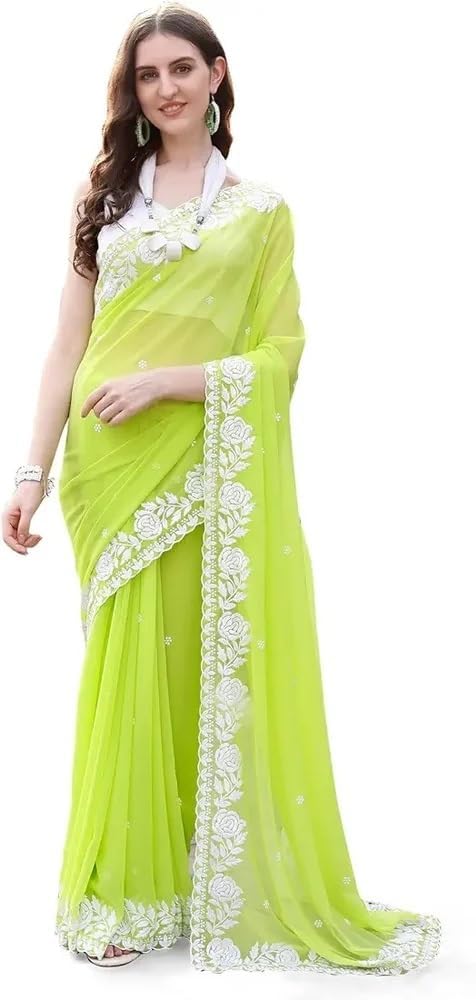 RAJESHWAR FASHION WITH RF Women's Printed Georgette Sarees For Ladies & College Girls Farewell With Lace Border & Blouse