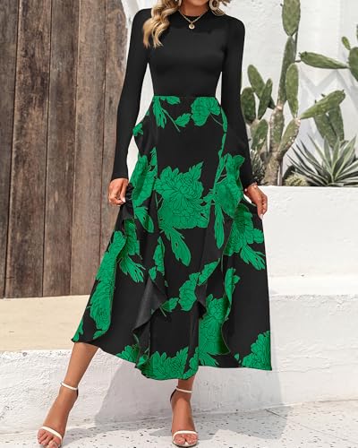 Image of BTFBM Womens Floral Maxi Dress Fall 2025 Casual Crewneck Long Sleeve Ruffle Flowy Cocktail Wedding Guest Dresses