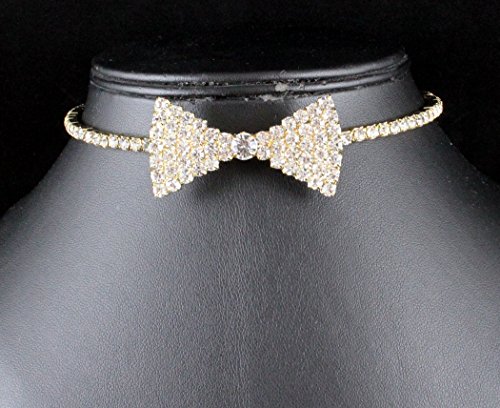 Janefashions Bow Tie Clear White Austrian Rhinestone Crystal Necklace Choker Party Gold Tone Silver Tone B1626 (Gold Tone) #TOP1