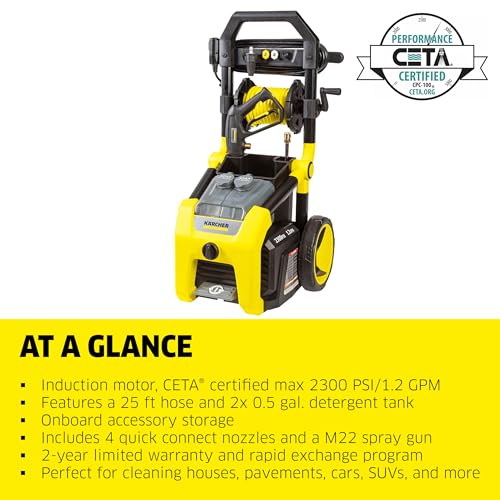 Image of Karcher Pressure Washer K2300PS, CETA Certified, 4 Spray Nozzles, Detergent Tank, Hose Reel, for Cars, Driveways, Siding, Patios, 1.2 GPM