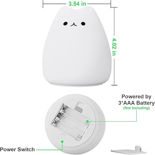 Miniatura 4 de Eoanwu Luz nocturna LED para niños, bonita luz nocturna de gato que cambia de color con control de grifo, funciona con pilas, portátil, de silicona,