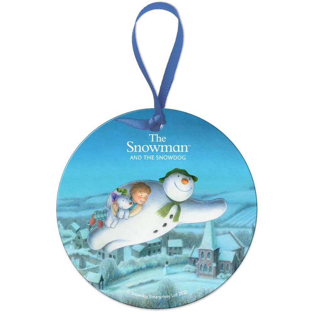The Original Metal Sign Trio Flying Over Town Round Metal Dangler Ornament Sign (75 Mm Diameter) - The Snowman And The Snowdog (Trio Flying Over Town)