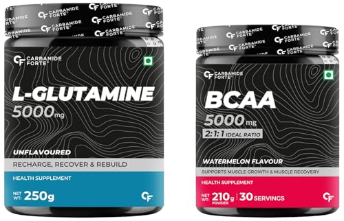 Image of Carbamide Forte L Glutamine Powder - Unflavoured - 250 Grams & BCAA 5000mg Supplement for Men & Women - Masala Watermelon Flavour - 210g