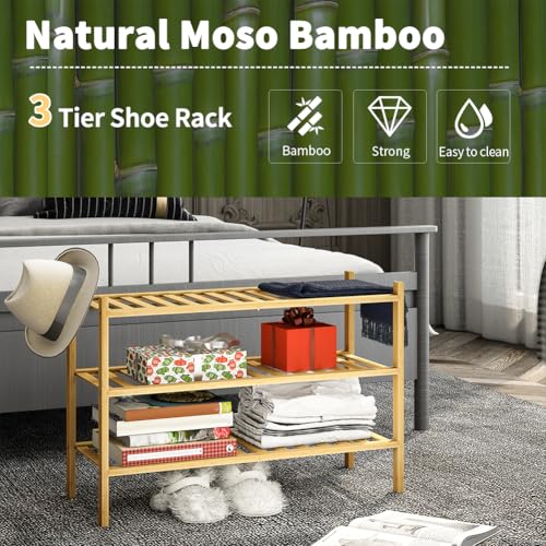 Image of 3-Tier Bamboo Shoe Rack for Entryway, Stackable | Heavy Duty | Multi-Function, Free Standing Shoe Racks for Bedroom Hallway Closet