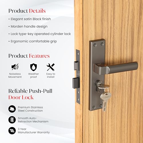 Image of LAPO Heavy Duty Door Lock for Daily Use | 45x45mm Lock Body | 60mm Cylinder | Fits 30-50mm Doors | Reversible Fit | 3 Brass Keys | Smooth Operation | Black Rose Gold Finish | 3 Years Warranty | CY-307
