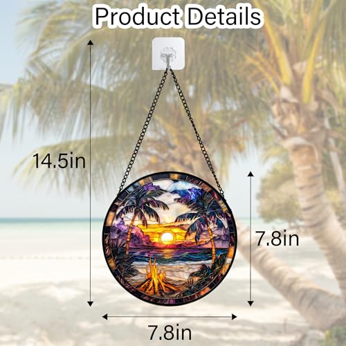 Image of DASTOLL Stained Glass Window Hanging,Bonfire Beach Landscape Suncatcher Diamond Glass Panel Sun Catchers Decor for Birthday for Women, Men, Wife, Aunt, and Mom 7.8 in
