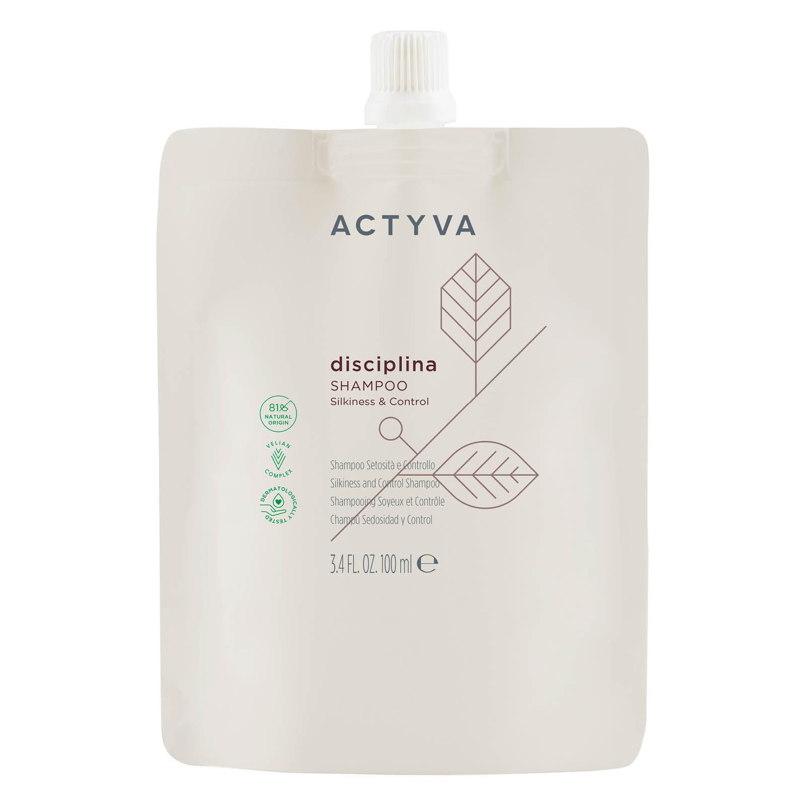 Actyva - Discipline Shampoo, Moisturizing and Detangling for Frizzy Hair, with Hyaluronic Acid and Almond Oil, Silk Effect - Travel Size 100 ml