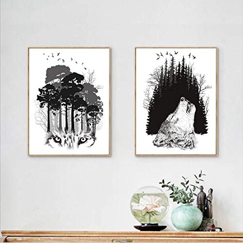 Toile loup et forêt tableau abstrait moderne 40x60cm sans cadre pour salon