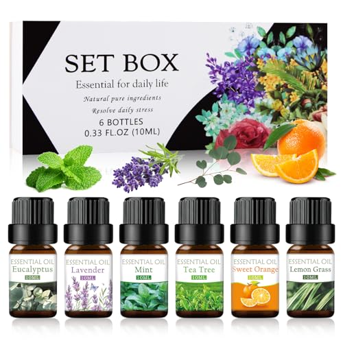 SilverChry Set de Aceites Esenciales,6X10ml, Lavanda, Naranja Dulce, Menta, Eucalipto, Árbol de Té, Limoncillo, Juego de Aceite de Fragancia,Apto para Difusores y Velas DIY