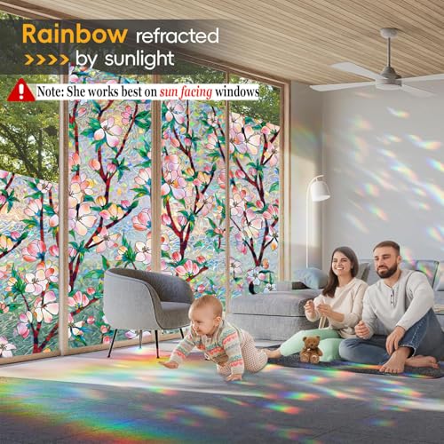 Rainbow Window Privacy Film Decorative Window Sticker, 3D Static Stained Glass Cling Tint for Home Heat Control Non-Adhesive, 35.4 x 78.7 inches