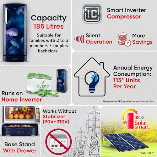 Image of LG 185 L, 5 Star, Smart Inverter, Direct Cool Single Door Refrigerator (GLD1956ZABI, Blue Ilan, Fit Max Chiller Tray, Base stand with Drawer & Runs on Home Inverter)