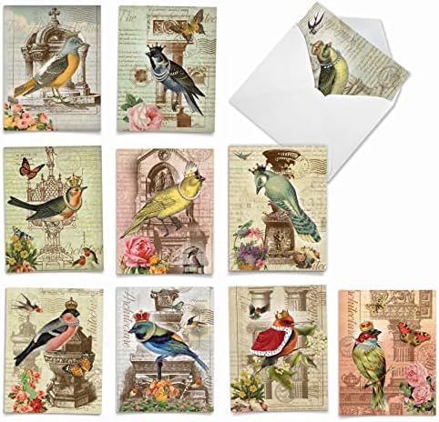 The Best Card Company - 10 Bird Note Cards Blank (4 x 5.12 Inch) - All Occasion Cards with Envelopes, Boxed Set - Royal Birds M2343OCB