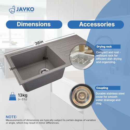 Image of JAYKO Quartz Acrylic Kitchen Sink for Modular Kitchen | Granite Finish, Scratch & Heat Resistant | Easy to Clean & Stylish Sink for Home (UBR, 36x18in)