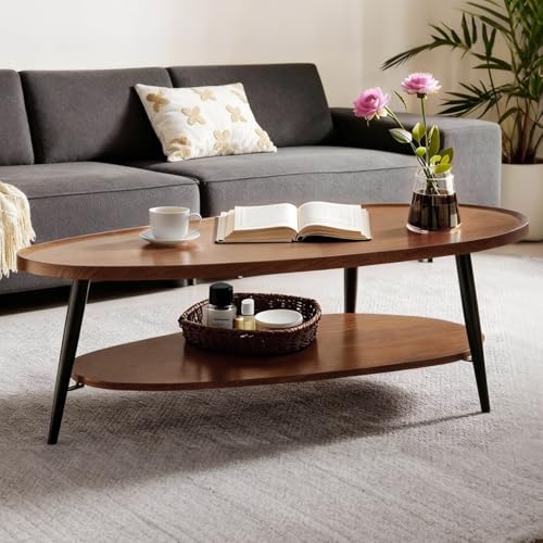 Hothingwell Oval Coffee Table for Living Room, 47' Walnut Mid Century Modern Coffee Table for Small Space, D47xW23.6xH15