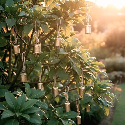 Image of Pack of 10 Vintage Rustic Mini Bells with Rope | Decorative Hanging Ghanti for Home, Diwali Pooja, Wall Decor, Christmas & Craft Supplies