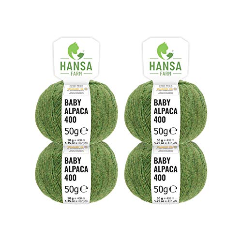 HANSA-FARM 100% Lana de Alpaca en más de 50 Colores (no Pica) - Set de 200g (4X 50g) - Suave Hilo Baby de Alpaca para Punto y Ganchillo en 6 grosores Verde Mediano (Heather)