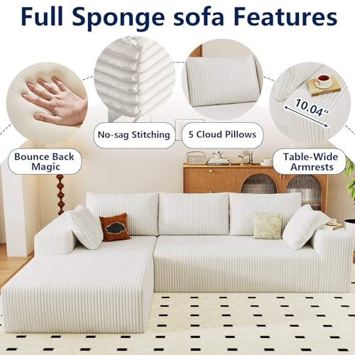 Image of 96 inch Modular Sectional Sofa, Modern Corduroy Cloud Couch with Deep Seat, Boneless Couch Upholstered 3-Seater L-Shaped Sofa for Living Room, No Assembly Required (White, Left-Facing Chaise)