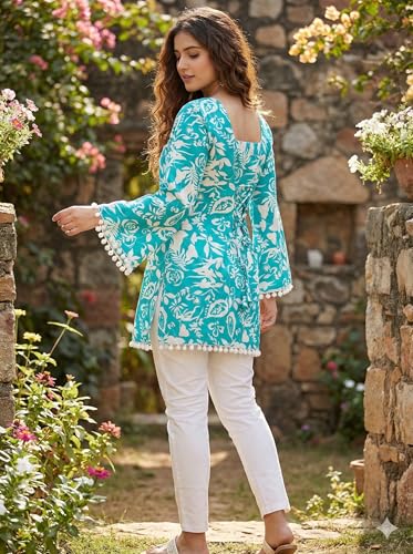 Image of Women's Premium Viscose Rayon Floral Printed Short Kurti | Stylish Bell Sleeves with Pom-Pom Lace | Teal Blue Tunic Top for Jeans & Office Wear
