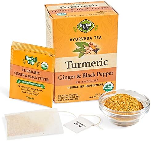 Herbal Cup Ayurveda Turmeric Tea, Organic Ginger & Black Pepper, No Caffeine Herbal Supplement (16 Count, Pack of 6)