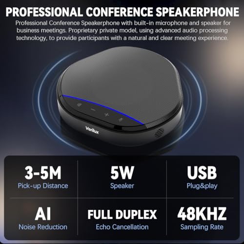 Image of Verilux Conference Microphone with 4 Mics, USB C 360 Pickup Upto 5M, Dual Noise Cancelling Plug & Play, Volume Control & Mute Button Portable Mic Speaker for Home Office