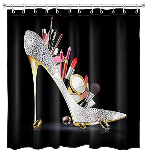 EOBTAIN High Heels Diamond Shower Curtain Makeup Lipstick Bling Fashion Shoes Sexy Girls Fancy Beautiful Lady Cosmetic Bathroom Curtain 69x70 Inch Waterproof Fabric with 12 Hooks Silver Black