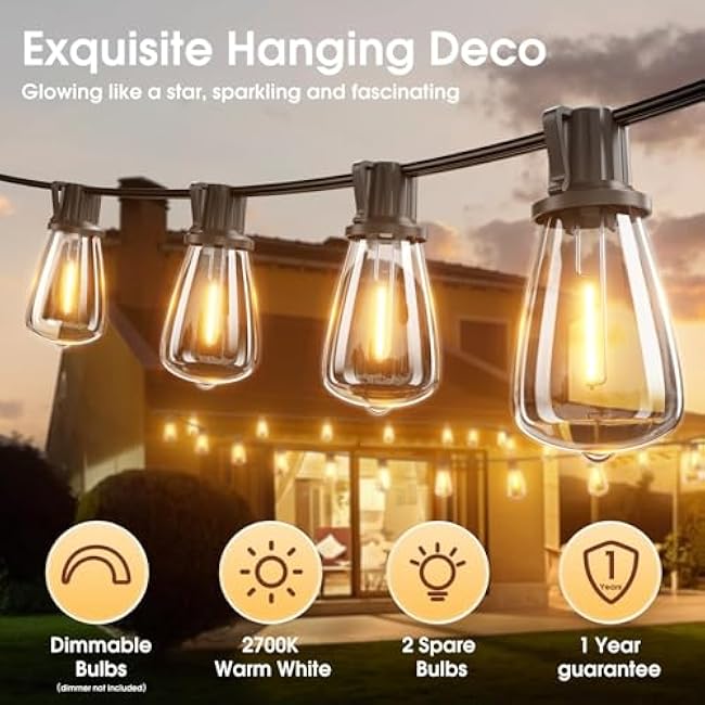 KYY 100FT Outdoor String Lights Waterproof LED Patio Lights with Shatterproof 32(2 Spares) Edison ST38 Bulb Durable Dimmable Hanging for Outside Garden Porch Deck Bistro Backyard Events