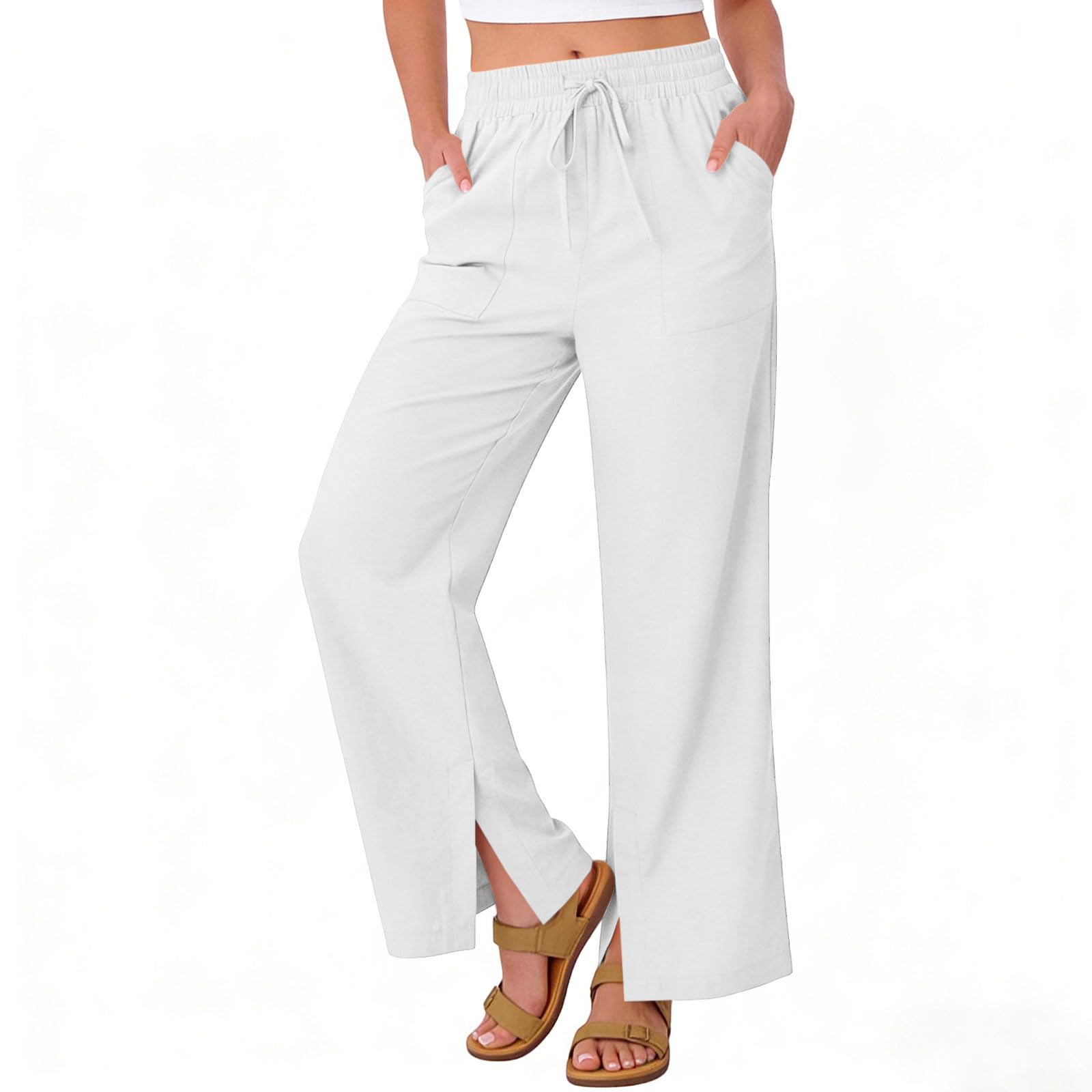 Women's Linen Pants Summer Wide Leg High Waisted Flowy Palazzo Pants Loose Fit Beach Travel Trousers with Pockets - 3