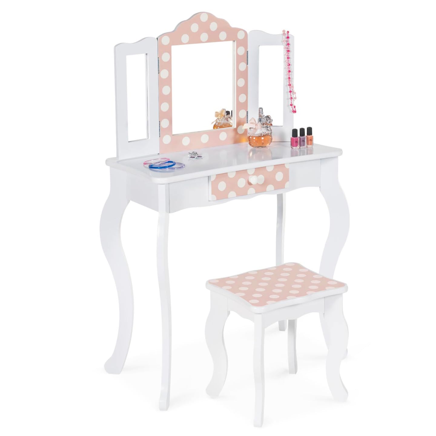 IDMarket - Tocador infantil Roza blanco y rosa con 3 espejos y taburete