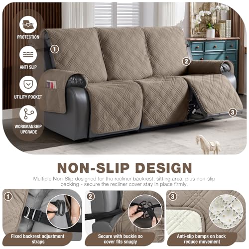 Image of TAOCOCO 100% Waterproof Recliner Sofa Covers, Non Slip Split Couch Covers for Reclining Couches with Elastic Strap, Washable Reclining Sofa Cover Furniture Protector (3 Seater, Gray Taupe)