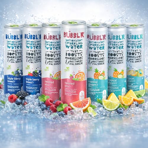 Bubblr Antioxidant Sparkling Water - Triple Berry Breezr Tropical Dreamr Twisted Elixr - Variety Pack 0 Suger 69 Mg Caffine Sparkling Water 12 Fl Oz (12 pack)