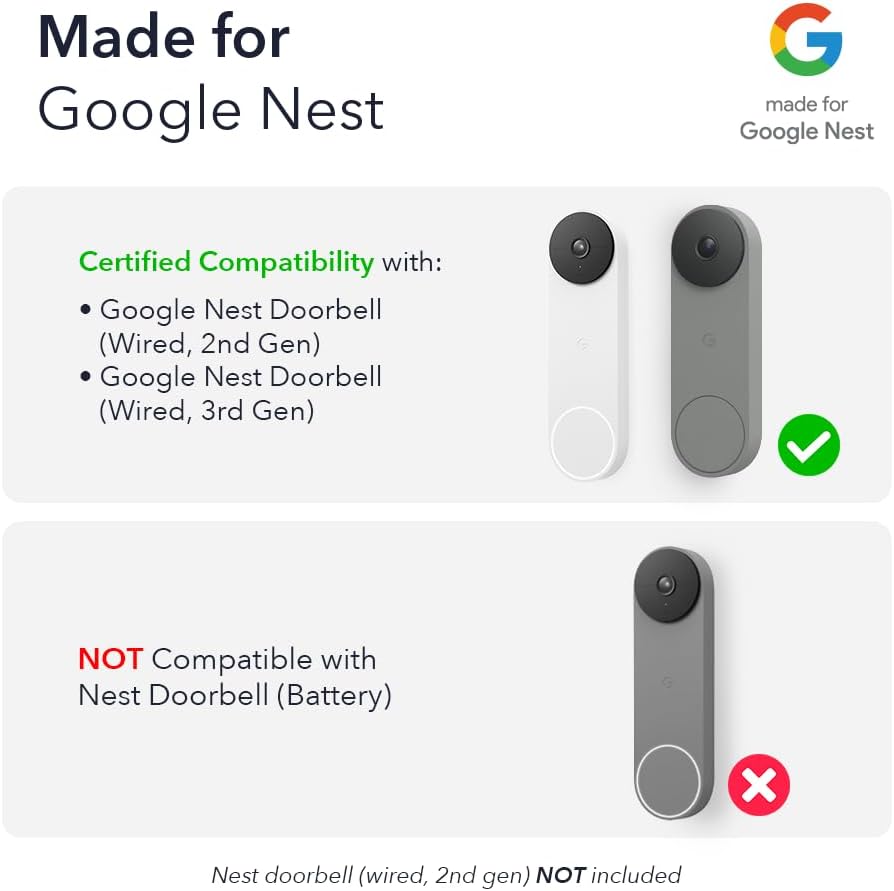 Wasserstein Doorbell Chime for Google Nest Doorbell (Wired, 2nd Gen & 3rd Gen) with Wired Transmitter - NOT Compatible with Nest Doorbell (Battery) - Made for Google Nest - Doorbell NOT Included