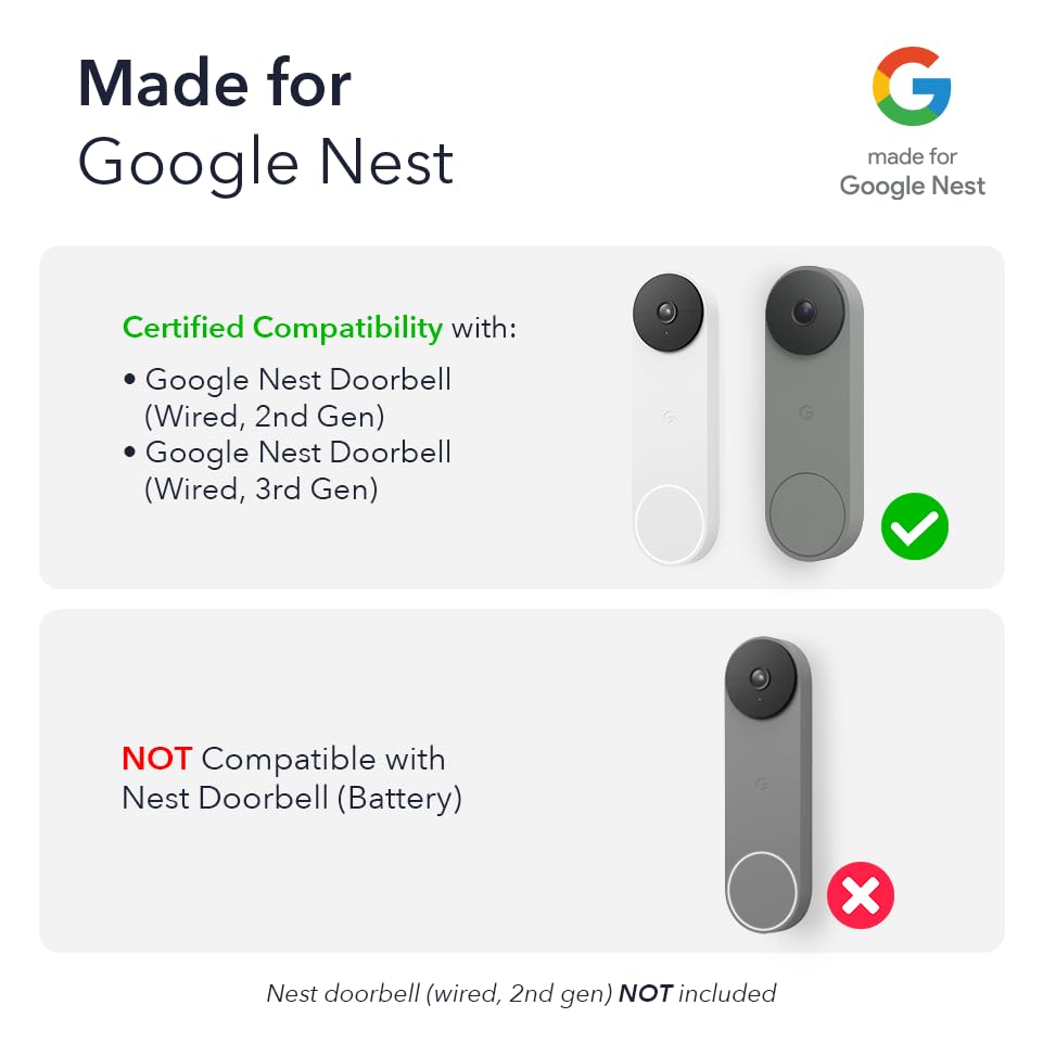 Wasserstein Doorbell Chime for Google Nest Doorbell  with Wired Transmitter - NOT Compatible with Nest Doorbell  - Made  - Additional View