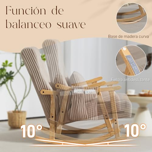 Miniatura 4 de Homcom Silla Mecedora, Mecedora De Pana Con Cojín Lumbar, Patas Y Reposabrazos De Madera, Asiento Ancho, Bolsillo, Estilo Moderno, Sillón De Relax, Carga 120 Kg, Para Dormitorio, Salón, Marrón Claro
