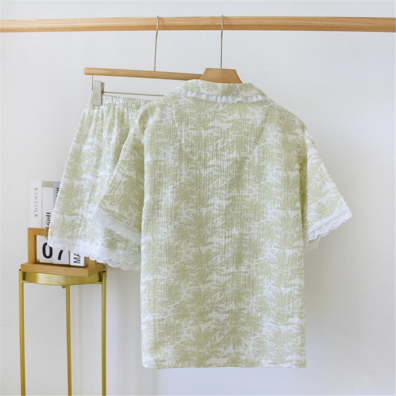 Shanghai Story Men's Notched Collar Short Sleeve Sleepwear Short Pants Pajamas Sets Lace PJS Green2