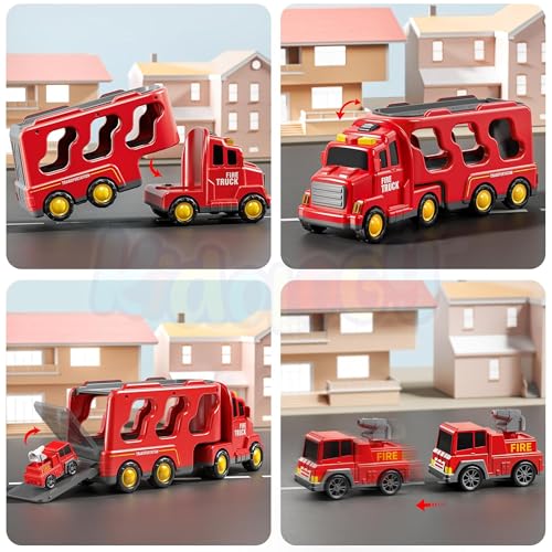 Image of 5-in-1 Friction-Powered Fire Truck Toy Set with Music - Montessori Educational Transport Carrier Vehicle Toy for Boys & Girls, Fun Birthday Gift for Kids Ages 3+