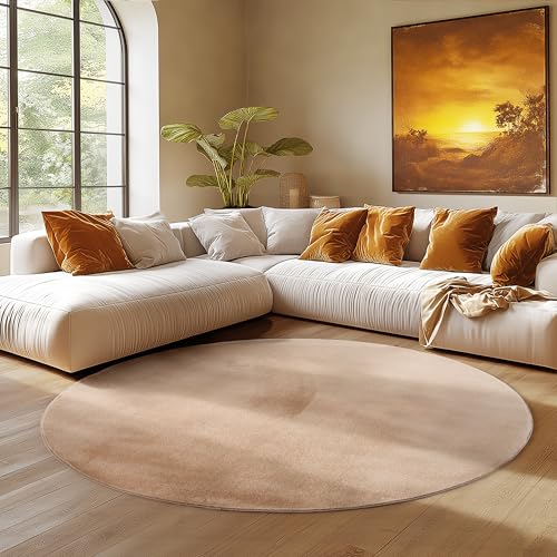 SIMPEX Alfombra Redonda Beige 160 cm Alfombra Lavable de Pelo Corto, Redonda, Antideslizante y Suave, Diseño Monocromático Moderno para Sala, Dormitorio, Cocina y Habitación Infantil