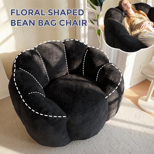 Image of MAXYOYO Bean Bag Chair for Adults, Floral Shaped Bean Bag Sofa, Ultra Soft Faux Fur Floor Sofa, Large Reading Chair for Living Room Bedroom, Black, Single