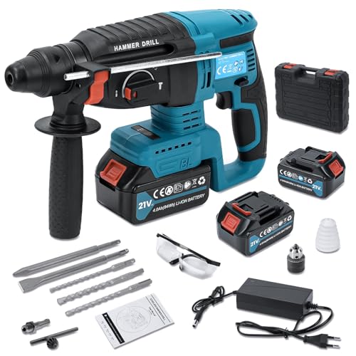 Akku Bohrhammer 21V,Bürstenloser Bohrhammer Motor,2 * 4000mAh Akku & Ladegerät,900W Schlagenergie 2.8 J,multifunktionales Werkzeug zum Bohren, Hammerbohren & Meißeln