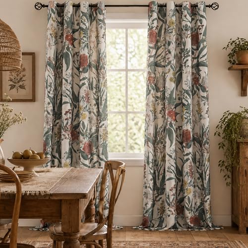 Image of ALIGOGO Linen Floral Curtains for Living Room - 96 inches Long Botanical Print Boho Exotic Themed Tropical Spring /Summer Light Filtering Anthropologie Curtains Grommet 2 Pieces 50 inch W x 96 inch L