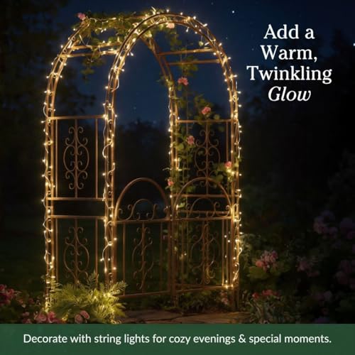 Image of Plow & Hearth Arch Metal Outdoor Garden Arbor Double Gate | Montebello | 7 Feet Tall | Gunmetal Black | Steel Iron Trellis Lattice Climbing Plants & Heavy Vines