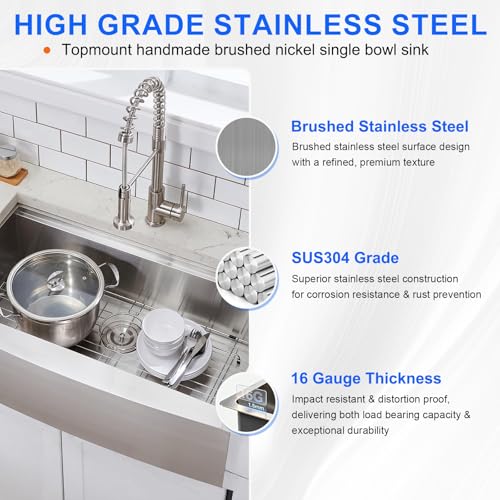 Image of 33 Inch Farmhouse Sink, 33x20 Stainless Steel Undermount Single Bowl Apron Front Handmade 16 Gauge 9 inch Deep Farm Kitchen Sink Workstation with Accessories