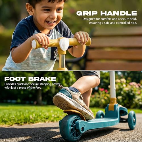 Image of Baybee Rovix Kick Scooter for Kids | Foldable Skate Scooter with 3 Height Adjustment Handle & LED Light Wheels | 3 Wheel Baby Scooter with Rear Brake | Kids Scooter for 2 to 10 Years Boy Girl (Green)