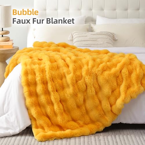 Smoofy Faux Fur Throw Blanket for Couch – Mustard Yellow Fluffy Cozy Rabbit Fleece, Plush Soft Bubble Blanket for Sofa & Bed, for Mom, Warm Fuzzy Home Room Decor Throw 50" x 60"