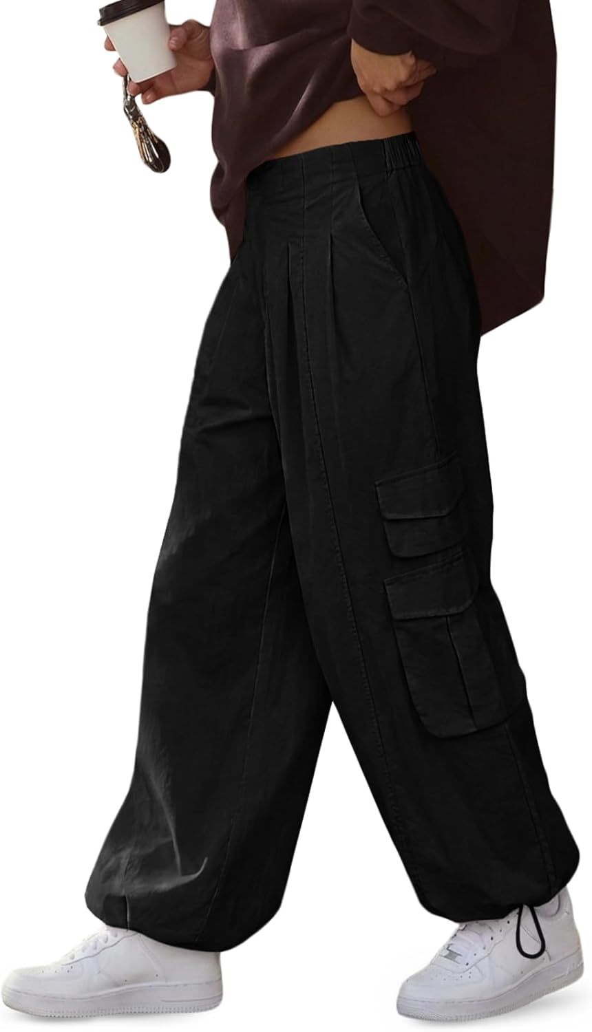 Fisoew Cargo Pants Women Wide Leg Elastic Waist Casual Y2K Barrel Parachute Baggy Pants Woman Trousers with Pockets